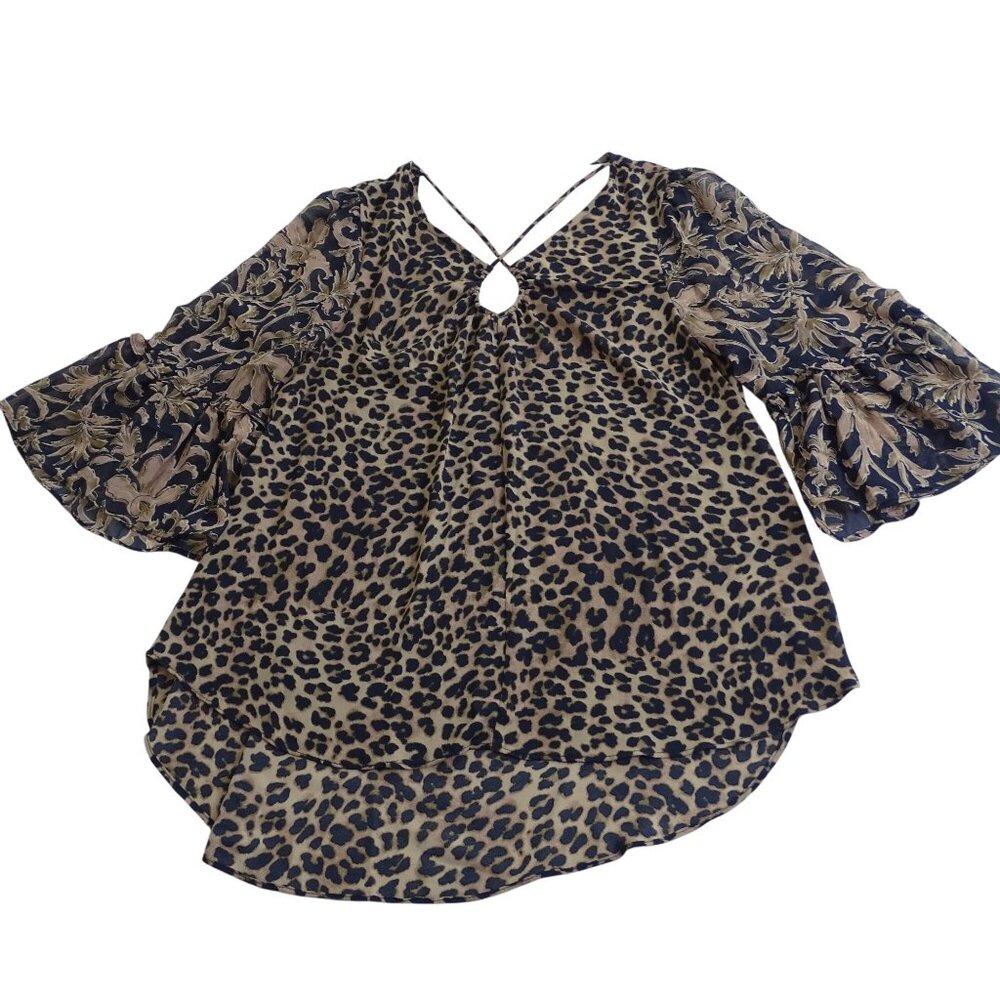 Cato Tan Black Leopard Animal Print Bell 3/4 Sleeve Tunic Top Womens Size M